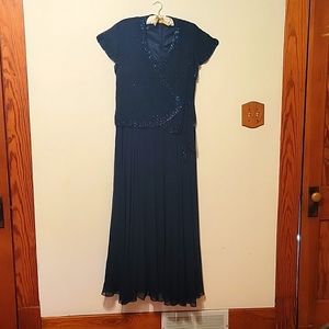 JKARA Navy Beaded Chiffon Gown